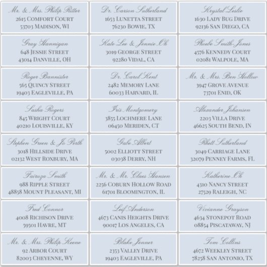 Dove Blue Elegant Script 24 Wedding Guest Address Aufkleber (Vorderseite)