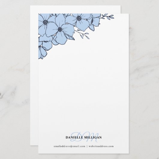 Dove Blue Flowers Name Monogram Website Briefpapier (Vorne/Hinten)