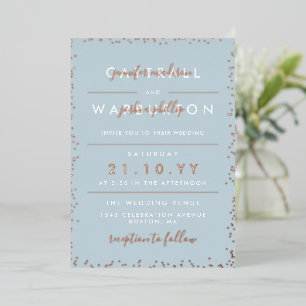 Dove Blue & Rose Gold Typografie Confetti Wedding Folieneinladung