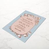 Dove Blue Rose Gold White Floral Frame Wedding Folieneinladung (Gedreht)
