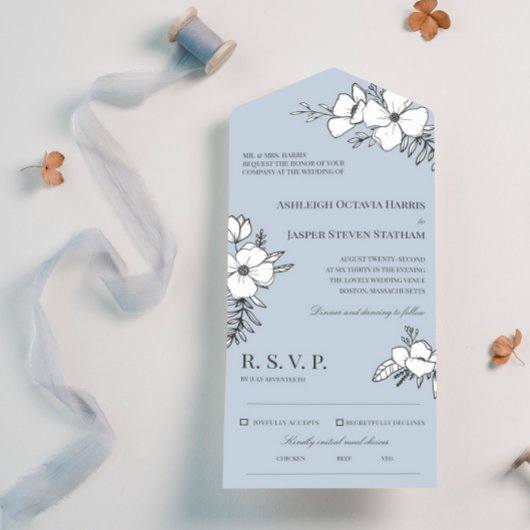 Dove Blue & White Hübsche Blume Hochzeit All In One Einladung