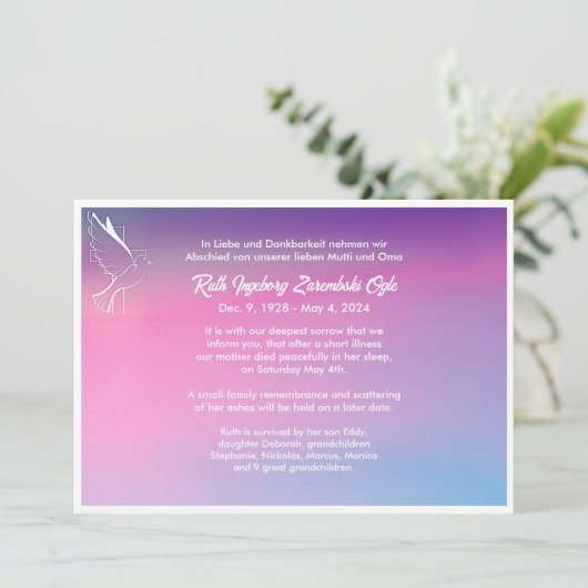 Dove European Style Death Announcement Card Ankündigung (Stehend Vorderseite)