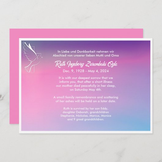 Dove European Style Death Announcement Card Ankündigung (Vorne/Hinten)