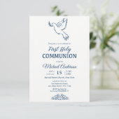 Dove First Communion Blu Elegant Einladung (Stehend Vorderseite)