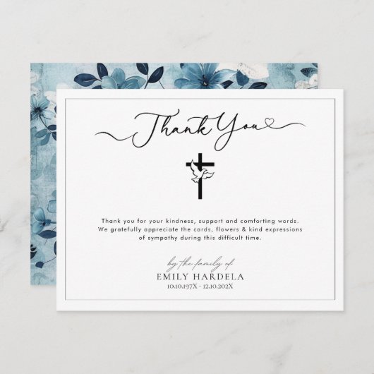 Dove Golden Blue Floral Memorial Danke Karte (Vorne/Hinten)