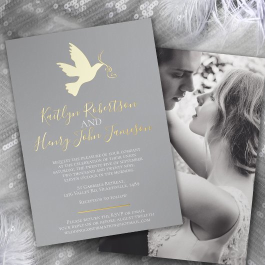 Dove Goldgrau einfache Hochzeit mit Foto Folieneinladung