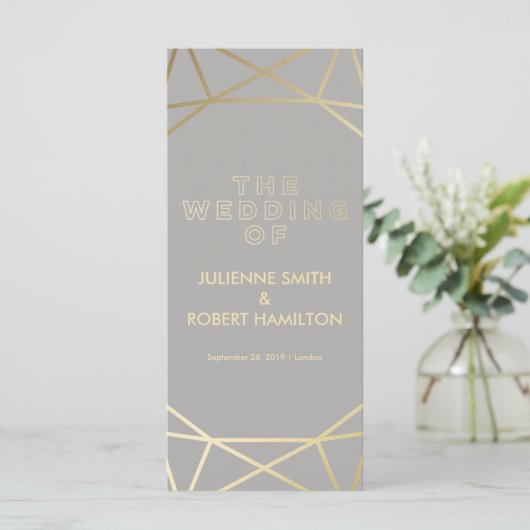 Dove Gray & Gold Geometric Wedding Programm (Stehend Vorderseite)