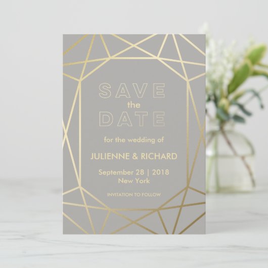 Dove Gray & Gold Geometric Wedding speichern das D Save The Date (Stehend Vorderseite)