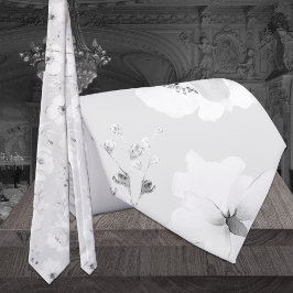Dove Gray on White Garden Peony Wedding Neck Tie Krawatte