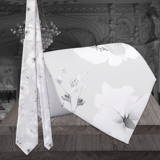 Dove Gray on White Garden Peony Wedding Neck Tie Krawatte