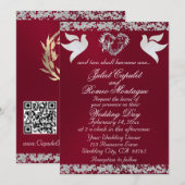 Dove, Silver Heart & Glitter, QR Code - Burgudy Einladung (Vorne/Hinten)