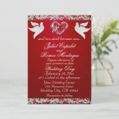 Dove, Silver Heart & Glitter, QR Code - Crimson Einladung (Stehend Vorderseite)