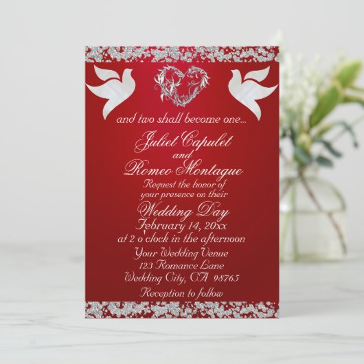 Dove, Silver Heart & Glitter, QR Code - Crimson Einladung (Stehend Vorderseite)