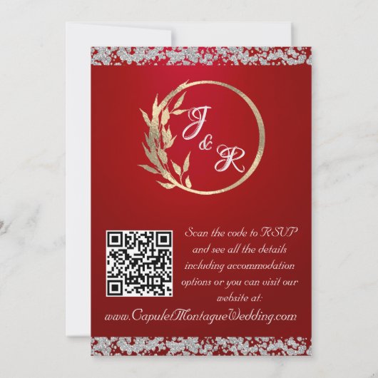 Dove, Silver Heart & Glitter, QR Code - Crimson Einladung (Rückseite)