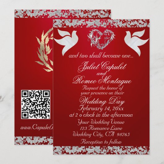 Dove, Silver Heart & Glitter, QR Code - Crimson Einladung (Vorne/Hinten)