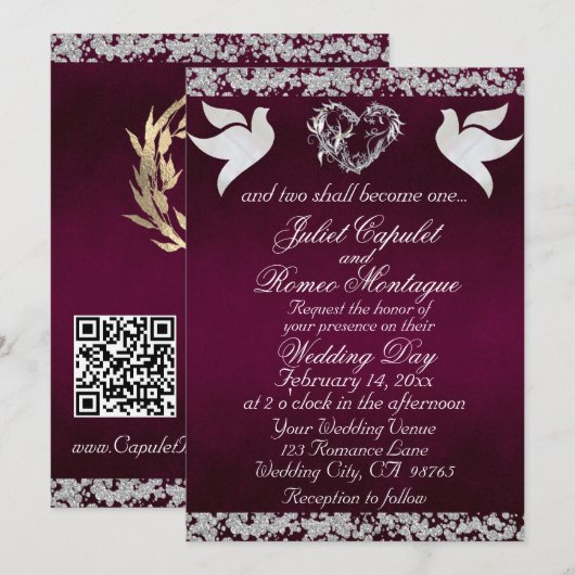 Dove, Silver Heart & Glitter, QR Code - Purple Einladung (Vorne/Hinten)