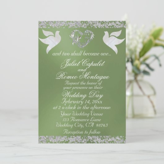 Dove, Silver Heart & Glitter, QR Code - Sage Einladung (Stehend Vorderseite)