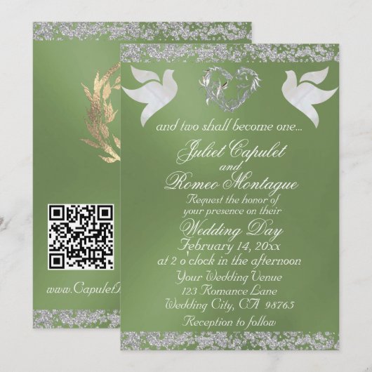 Dove, Silver Heart & Glitter, QR Code - Sage Einladung (Vorne/Hinten)
