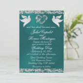 Dove, Silver Heart & Glitter, QR Code - Teal Einladung (Stehend Vorderseite)