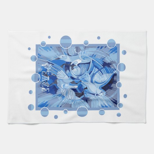 Dove With Celtic Peace Text In Blue Tones Geschirrtuch (Horizontal)