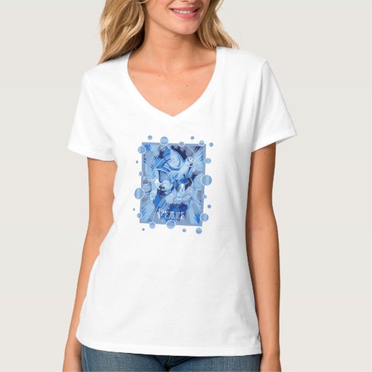 Dove With Celtic Peace Text In Blue Tones T-Shirt (Vorderseite)