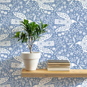 Doves and Blume White on Dusty Blue Bird Art Tapete