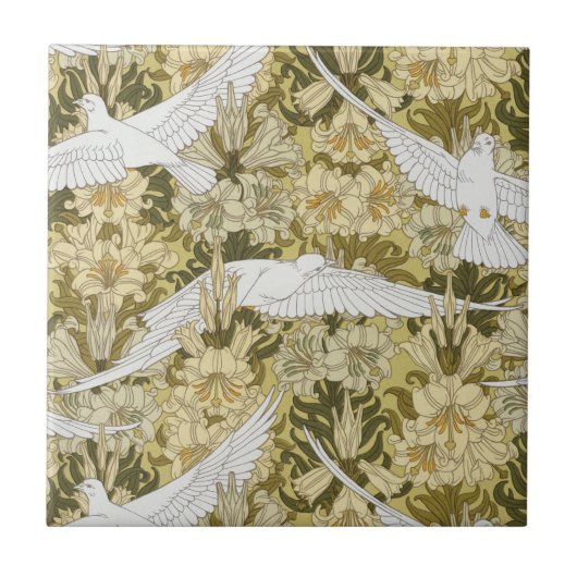 Doves and Lilies, Floral & Birds Art Nouveau Fliese (Vorderseite)