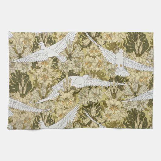 Doves and Lilies, Floral & Birds Art Nouveau Geschirrtuch (Horizontal)