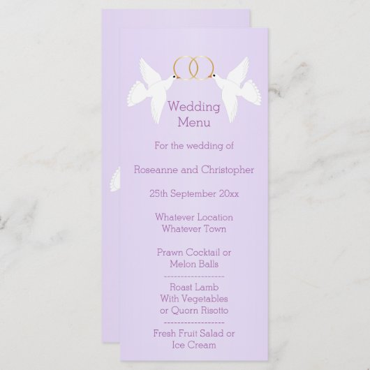 Doves Design Lilac Colored Wedding Menükarte (Vorne/Hinten)