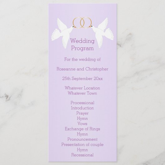 Doves Design Lilac Colored Wedding Programm (Vorderseite)