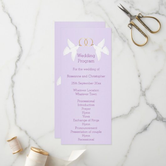 Doves Design Lilac Colored Wedding Programm (Vorderseite/Rückseite Beispiel)