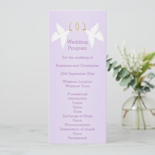 Doves Design Lilac Colored Wedding Programm (Stehend Vorderseite)