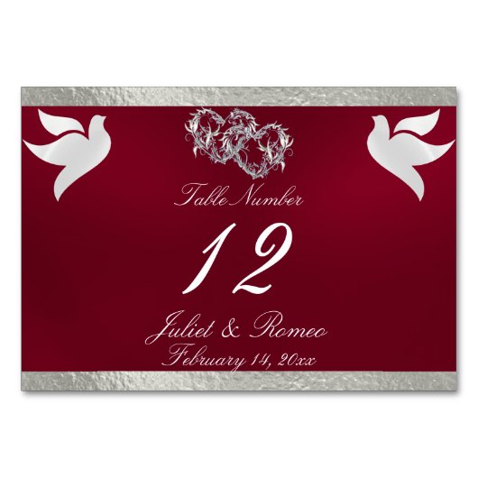 Doves & Heart - Burgund/Silber-Tischnummer Tischnummer (Rückseite)