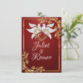 Doves, Heart, & Gold Leaves on Ruby Red Einladung (Stehend Vorderseite)