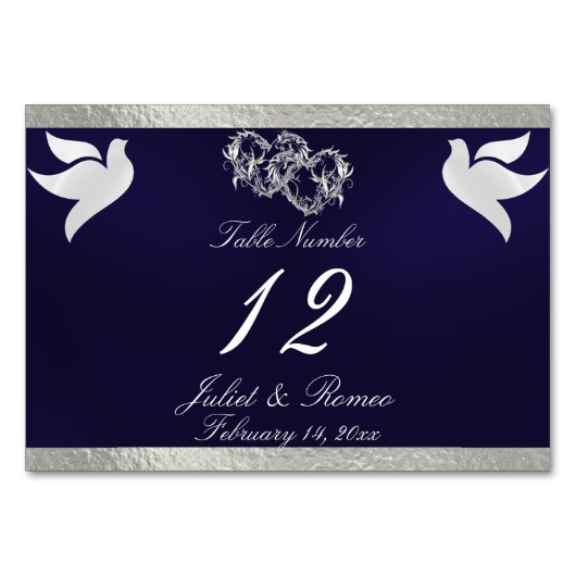 Doves & Heart - Navy Blue/Silver Tischnummer (Vorderseite)
