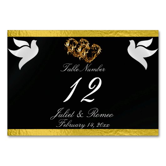 Doves & Heart - Schwarz/Gold-Tischnummer Tischnummer (Rückseite)