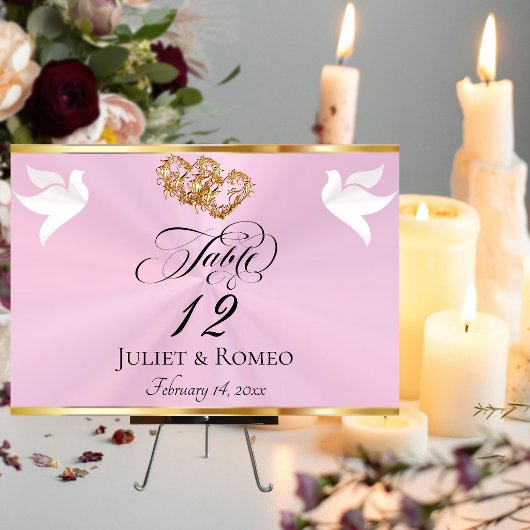 Doves & Hearts - Pastel Pink/Gold Tischnummer