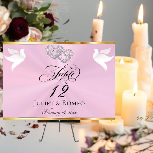 Doves & Hearts - Pastel Pink/Silver Tischnummer