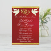 Doves, Hearts & Ribbon, QR-Code - Crimson/Gold Einladung (Stehend Vorderseite)
