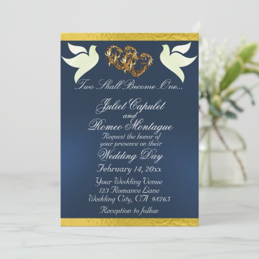 Doves, Herz & Band, QR-Code - Blau/Gold Einladung (Stehend Vorderseite)