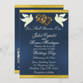 Doves, Herz & Band, QR-Code - Blau/Gold Einladung (Vorne/Hinten)