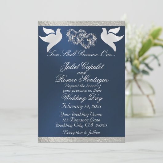 Doves, Herz & Band, QR-Code - Blau/Silber Einladung (Stehend Vorderseite)