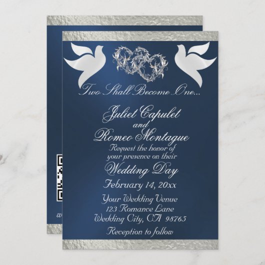 Doves, Herz & Band, QR-Code - Blau/Silber Einladung (Vorne/Hinten)