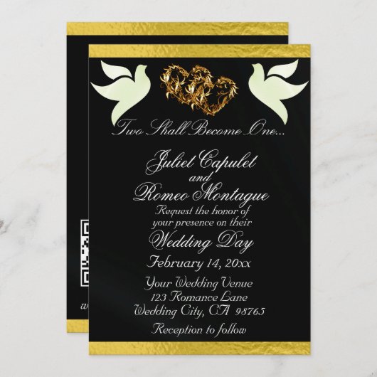 Doves, Herz & Band, QR-Code - Schwarz/Gold Einladung (Vorne/Hinten)