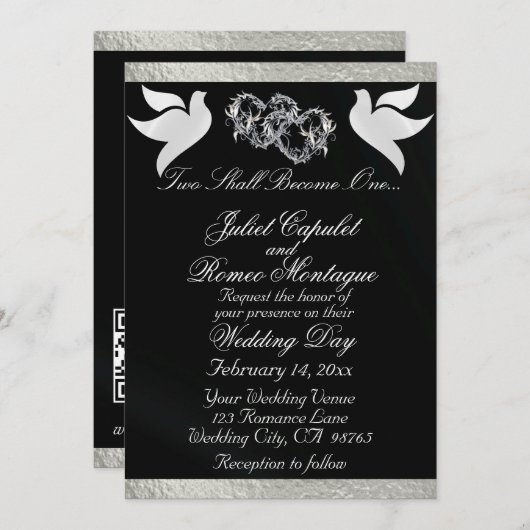 Doves, Herz & Band, QR-Code - Schwarz/Silber Einladung (Vorne/Hinten)