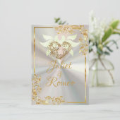 Doves, Herz & Gold Rahmen auf weißer Perle 2 Einladung (Stehend Vorderseite)