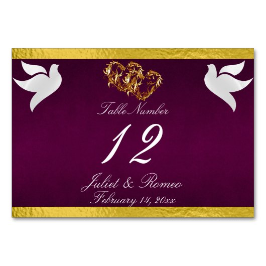 Doves & Herz - Lila/Gold-Tischnummer Tischnummer (Vorderseite)