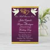 Doves, Herz und Band, QR-Code - Lila/Gold Einladung (Stehend Vorderseite)