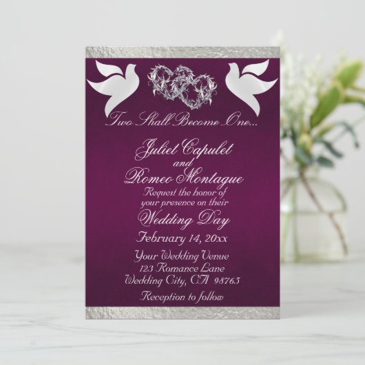 Doves, Herz und Band, QR-Code - Lila/Silber Einladung (Stehend Vorderseite)