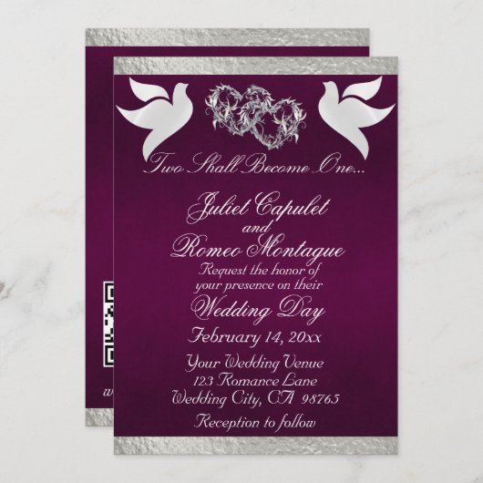 Doves, Herz und Band, QR-Code - Lila/Silber Einladung (Vorne/Hinten)